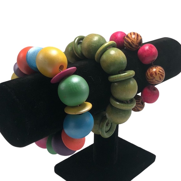 Wood Bead Stretch Bracelet Lot of 3 Green Rainbow Pink Animal Print - Picture 1 of 6
